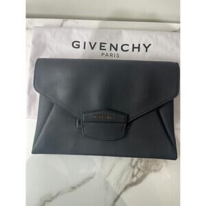 Givenchy Black Leather Envelope Clutch with Gold Logo